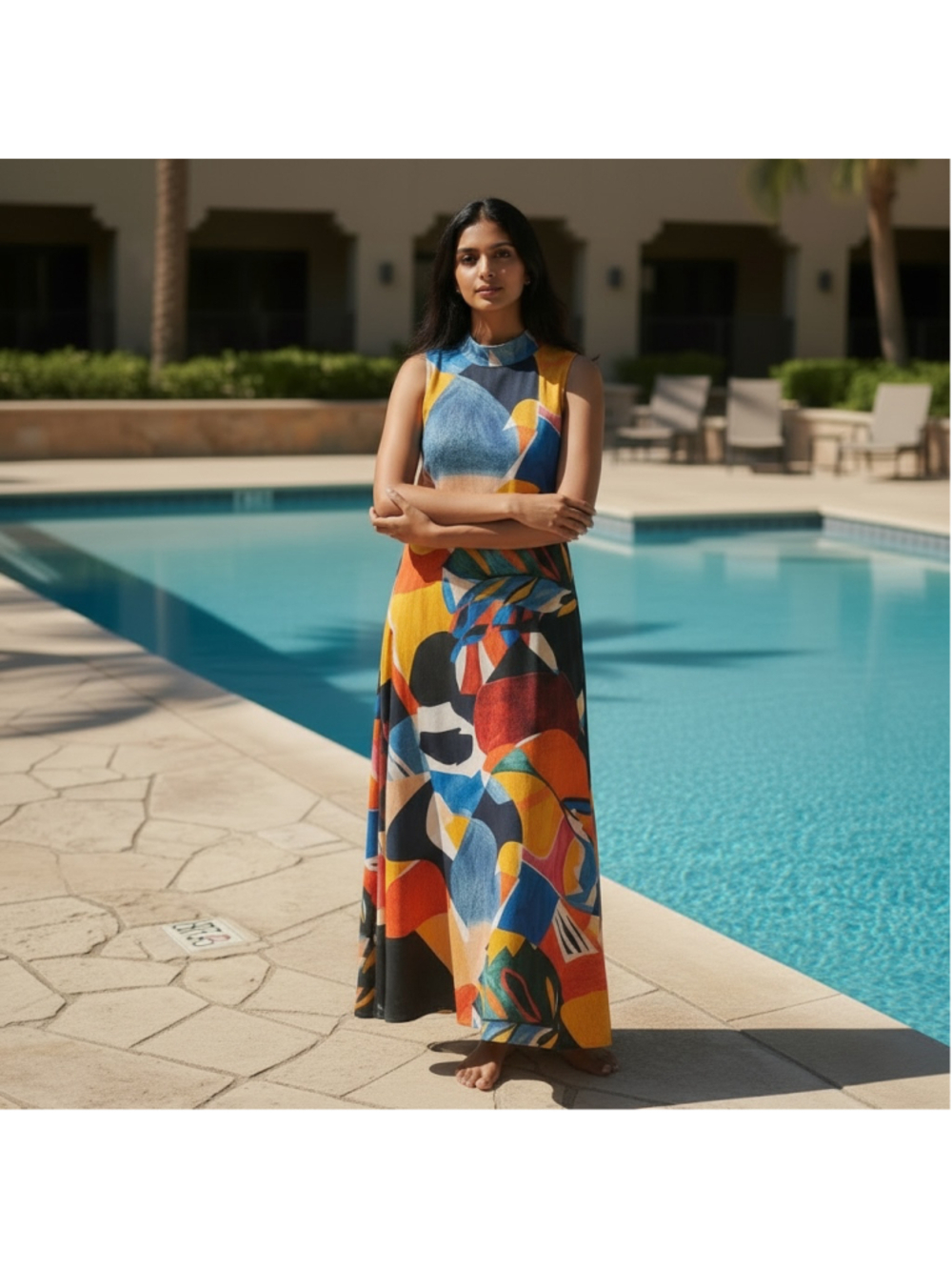 Size M Nicole Miller Multicolor Abstract Print Sleeveless Summer Maxi Dress - Picture 1 of 14